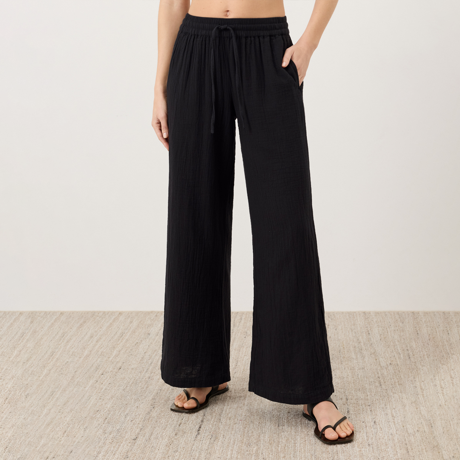 Double Gauze Drawstring Split‑Hem Wide‑Leg Trousers