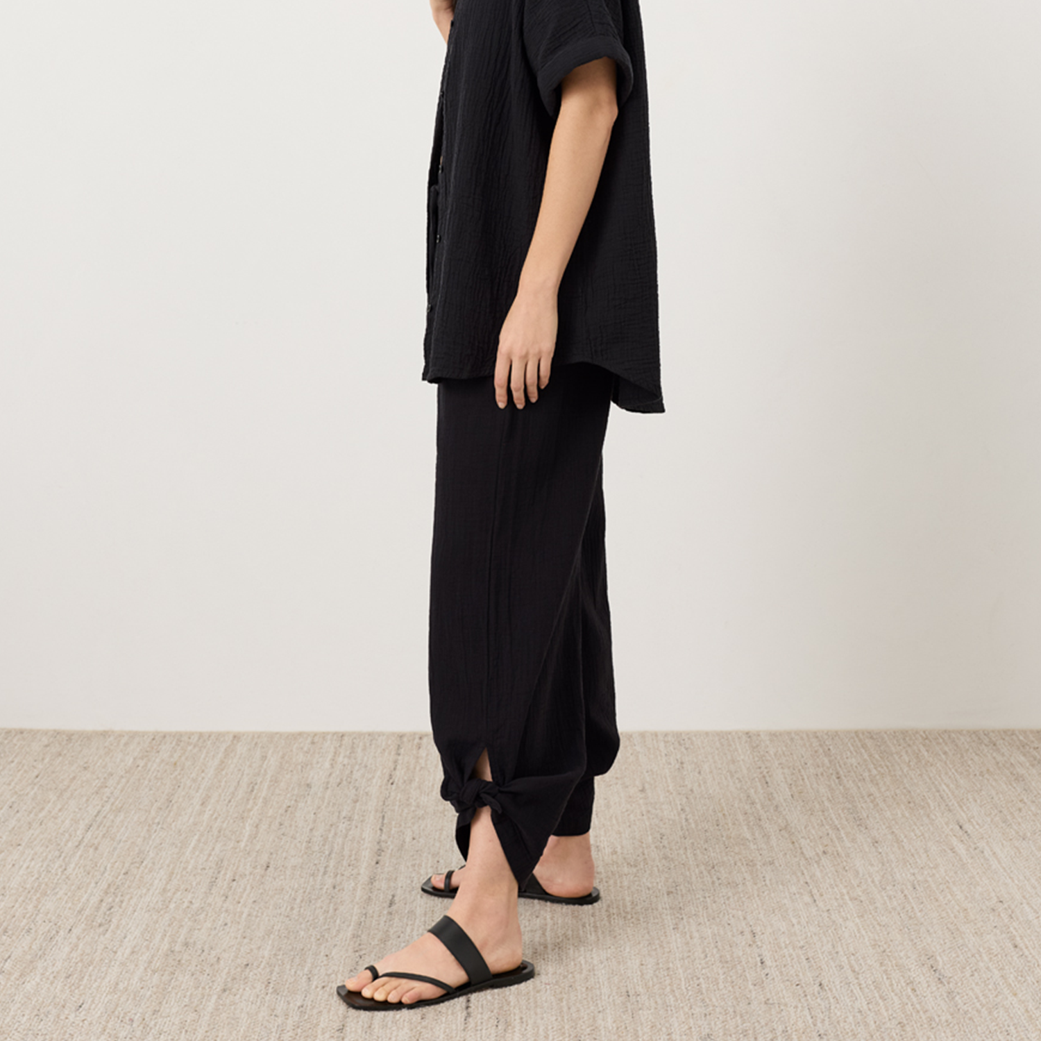 Double Gauze Drawstring Split‑Hem Wide‑Leg Trousers