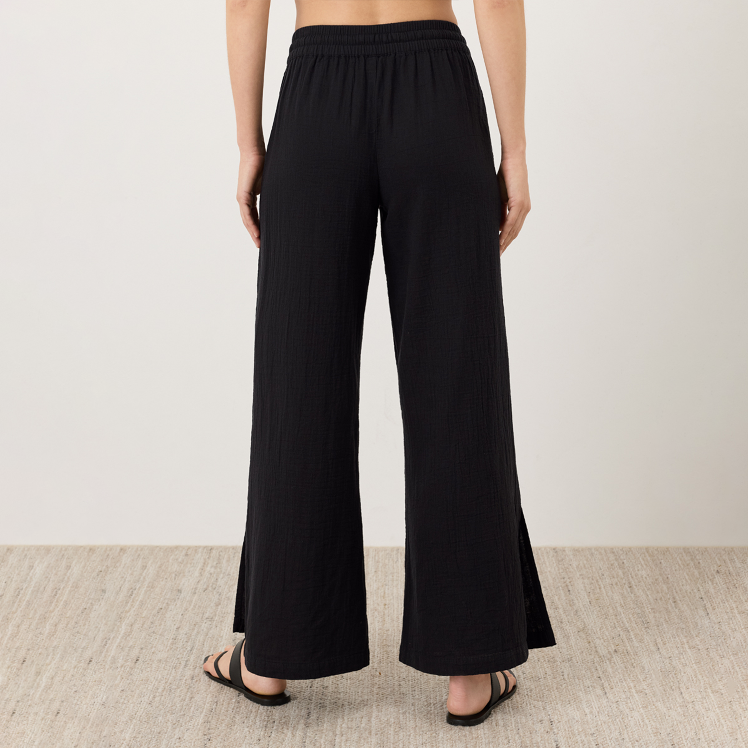 Double Gauze Drawstring Split‑Hem Wide‑Leg Trousers