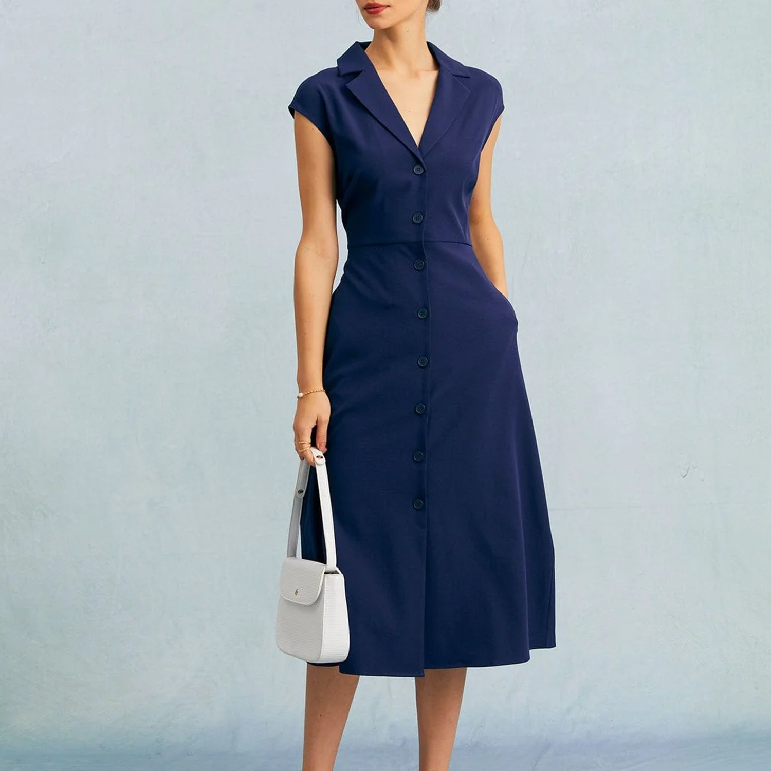 Lapel V‑Neck Button Cap Sleeve High Waist Midi Dress