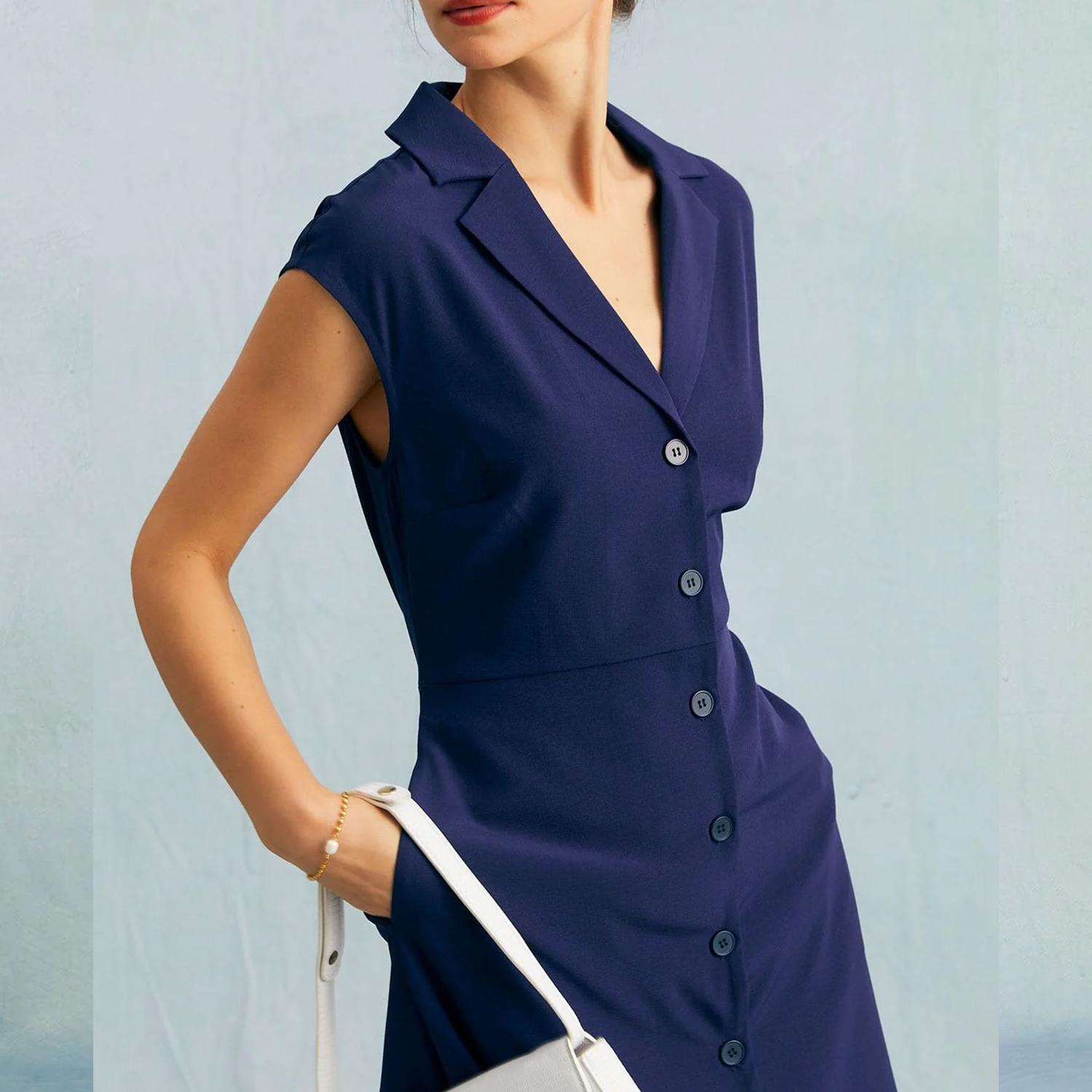 Lapel V‑Neck Button Cap Sleeve High Waist Midi Dress