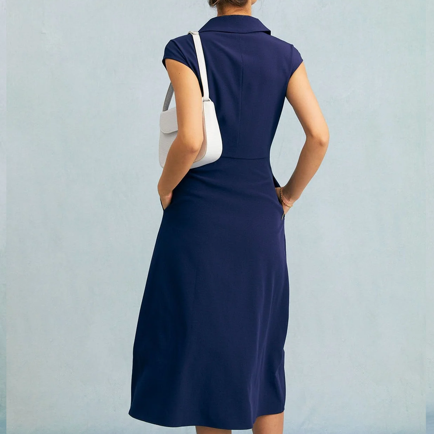 Lapel V‑Neck Button Cap Sleeve High Waist Midi Dress