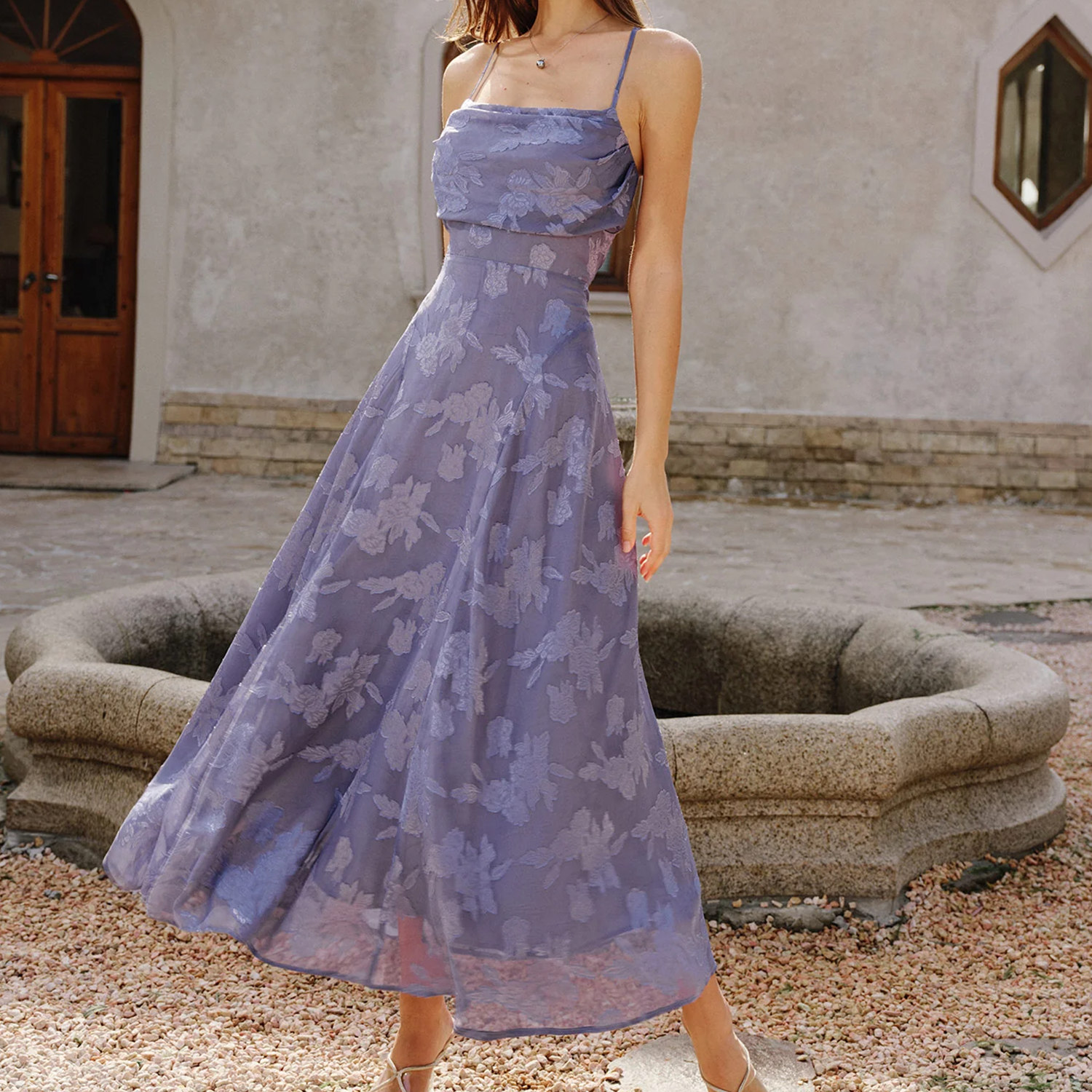 Square Neck Jacquard Floral Cross‑Back A‑Line Slip Maxi Dress