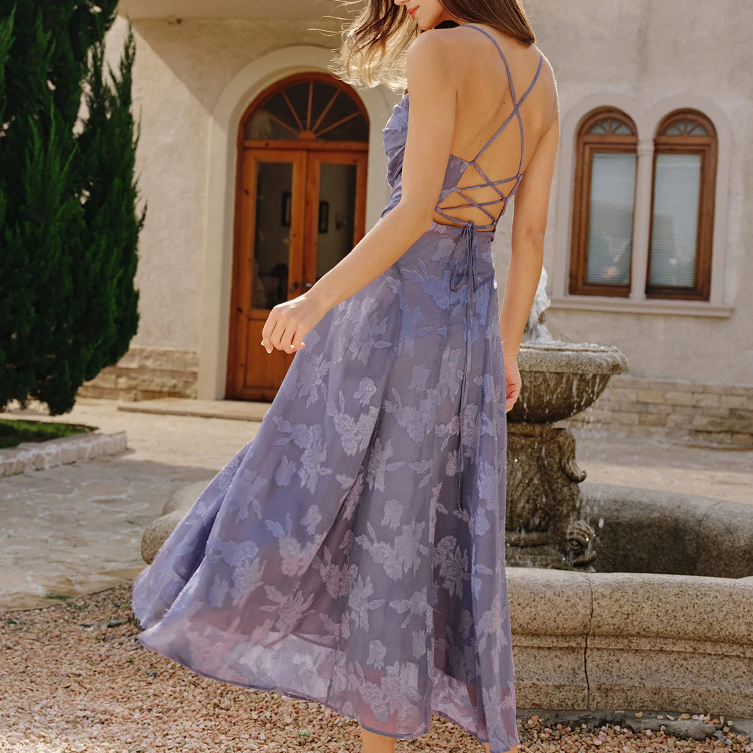 Square Neck Jacquard Floral Cross‑Back A‑Line Slip Maxi Dress
