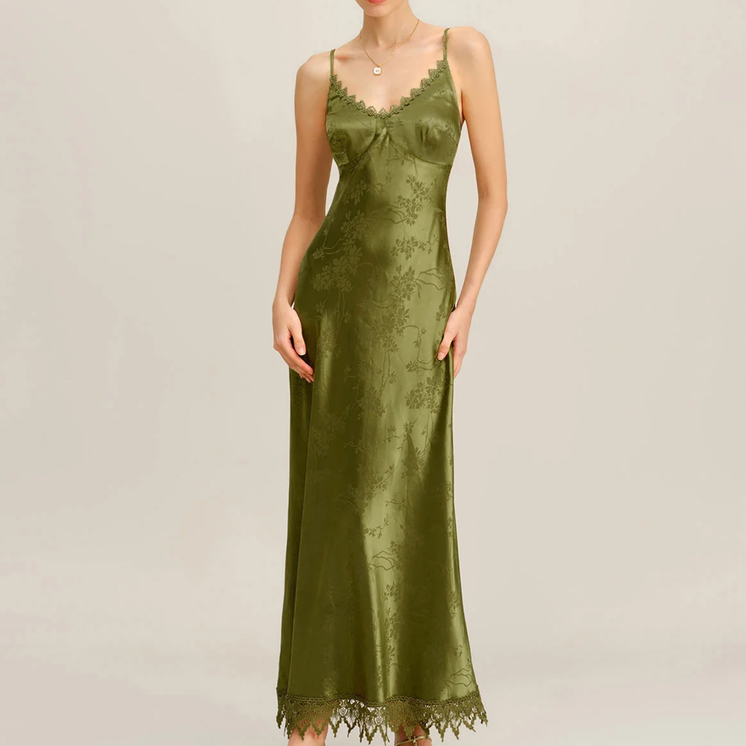 V‑Neck Lace Jacquard Corset‑Back A‑Line Slip Maxi Dress