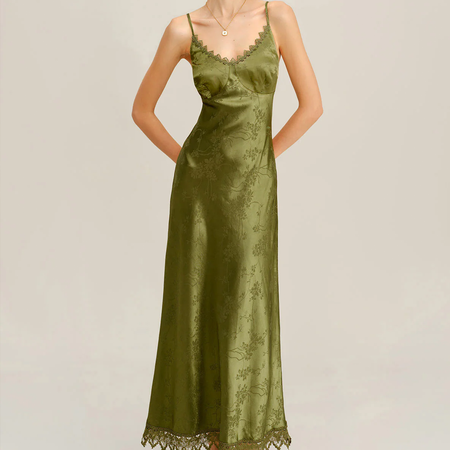 V‑Neck Lace Jacquard Corset‑Back A‑Line Slip Maxi Dress