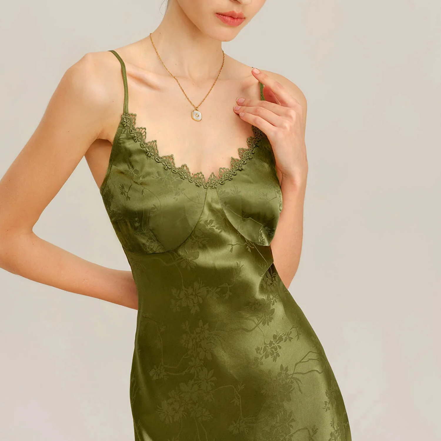 V‑Neck Lace Jacquard Corset‑Back A‑Line Slip Maxi Dress