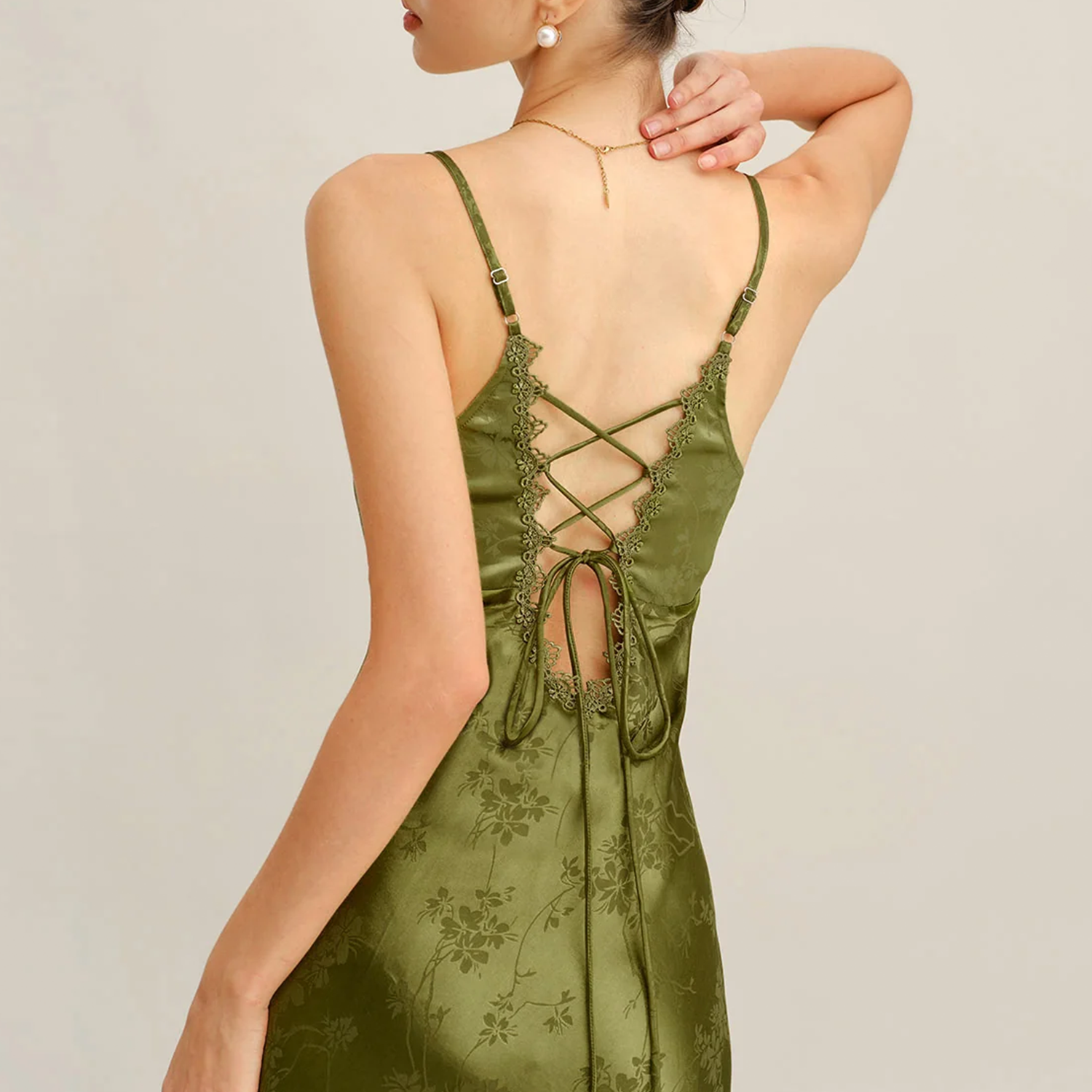 V‑Neck Lace Jacquard Corset‑Back A‑Line Slip Maxi Dress
