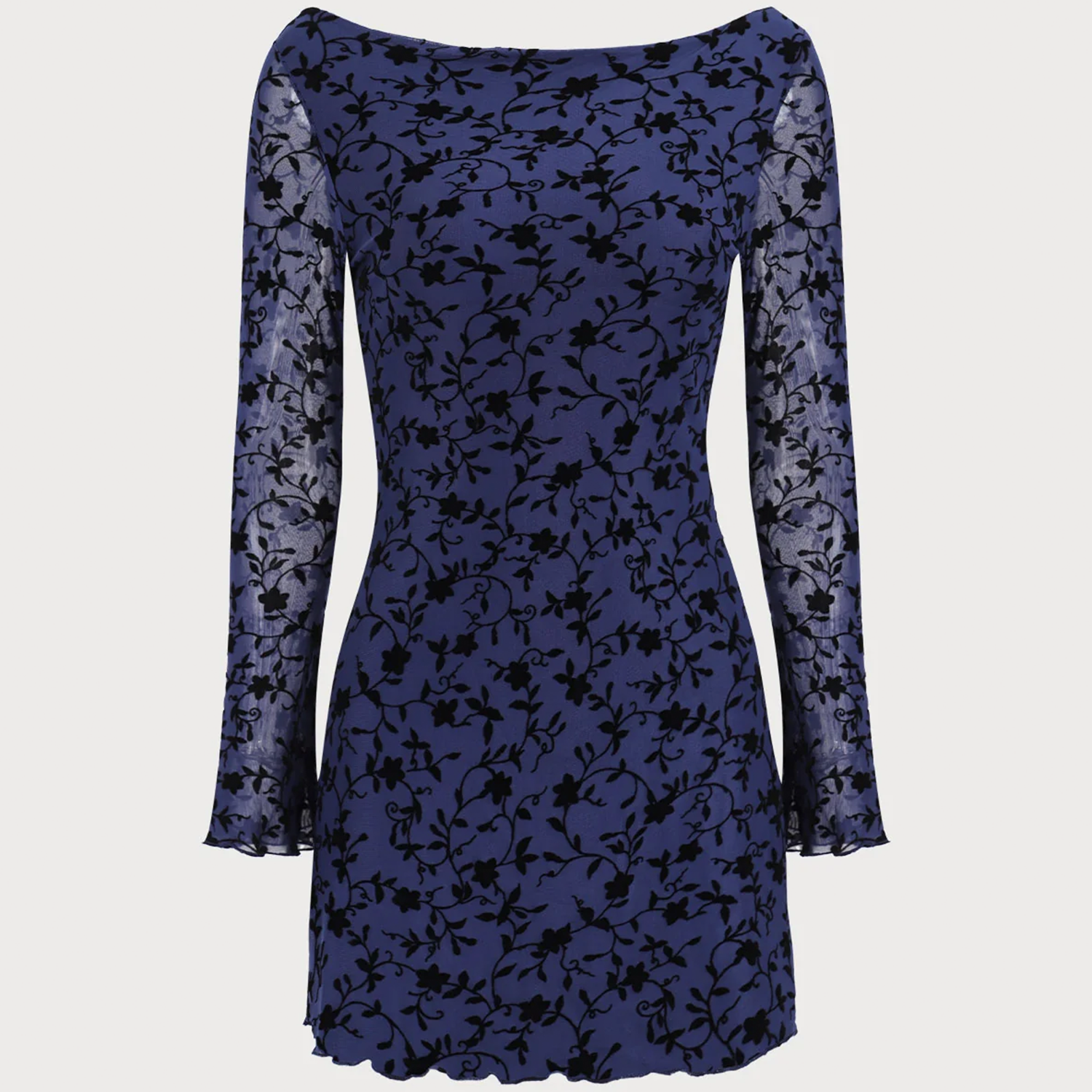 Boat Neck Flocking Mesh Bell‑Sleeve Slim Mini Dress