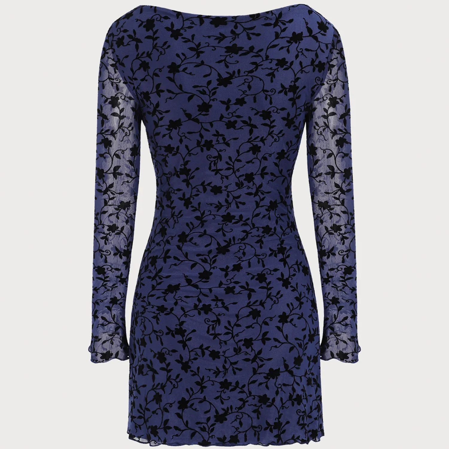 Boat Neck Flocking Mesh Bell‑Sleeve Slim Mini Dress